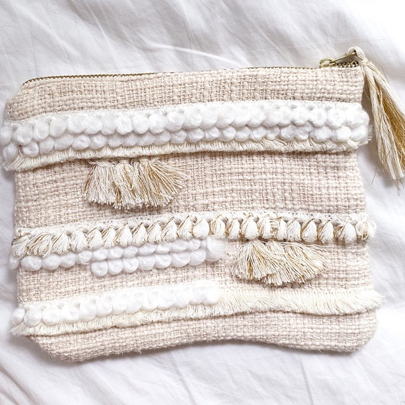 Handbags - Cream and gold tasseled pouch